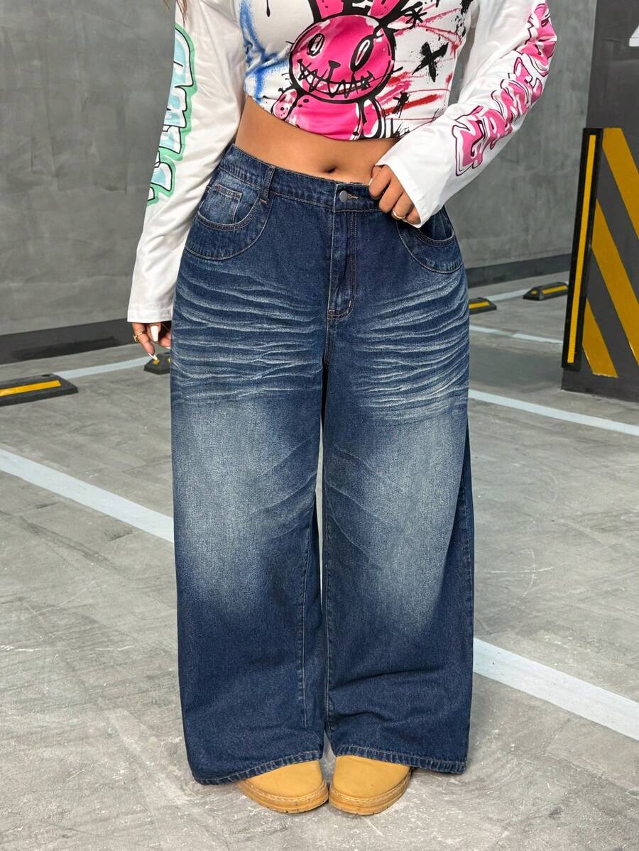 Jeanoix 大码女式街头风格复古做旧深蓝色无弹力直筒牛仔裤 - 深色水洗藍 - 查看 1