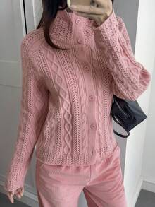 Livesso Áo khoác cardigan cổ lọ tay raglan đan xoắn thường ngày cho nữ, mùa thu - Hồng - Xem 4