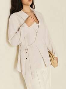 Juhart 大码女式优雅简约杏色系带长袖西装外套 - 杏色 - 查看 7