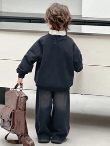 DAZY Young Boys Dark Grey Denim Two-Piece Outfit Long Sleeve Regular Fit Set