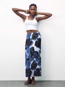 Maija 2025秋冬新款蓝色墨泼不规则花卉印花网纱半身裙，现代优雅都市通勤日常浪漫休闲90年代圣诞节新年、感恩节、派对、海滩、毕业典礼等场合皆宜，时尚百搭，适合婚礼宾客、主人、约会、派对、音乐会、早午餐、机场等多种场合。 - 藍色 - 查看 1