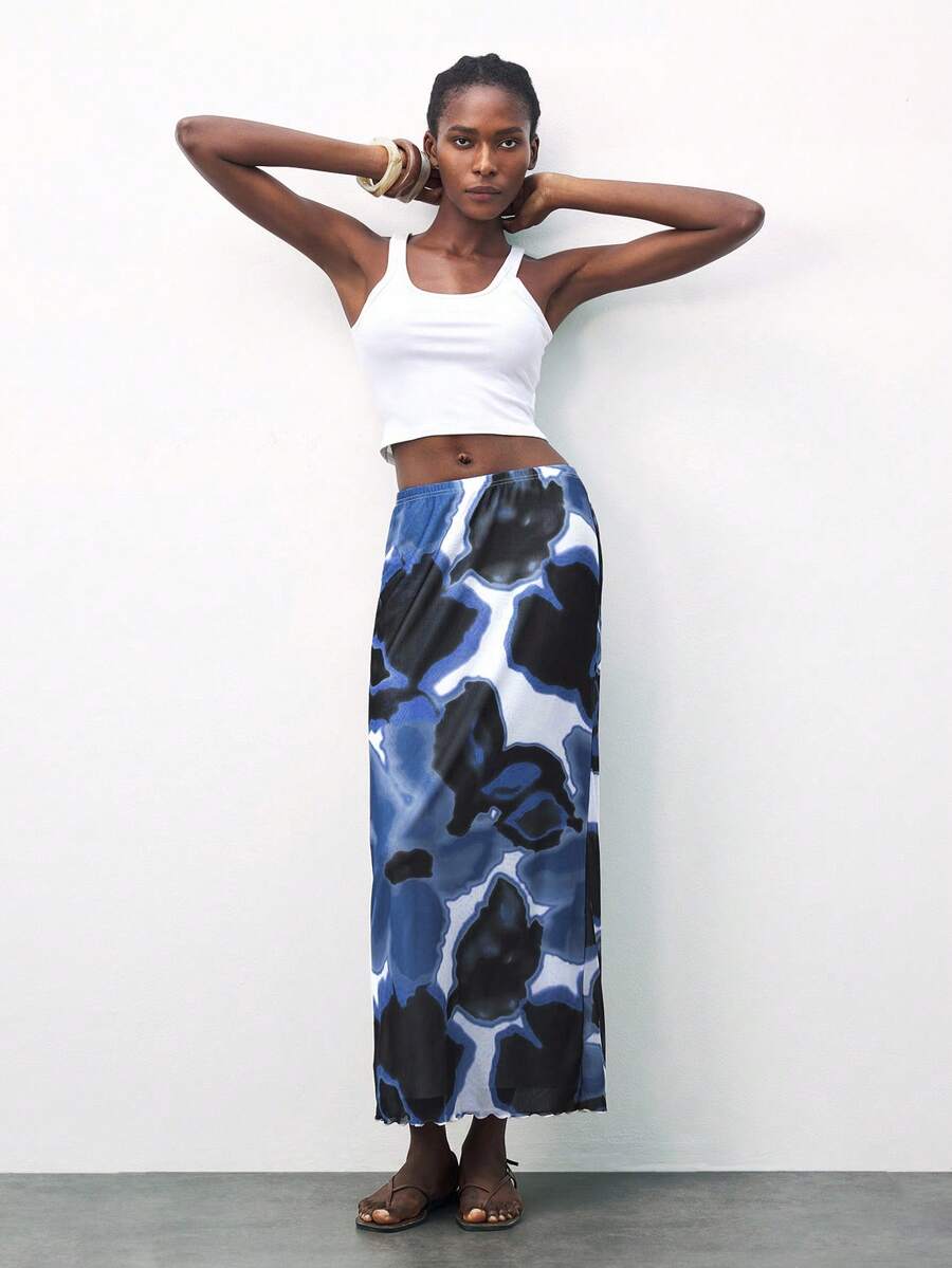 Maija 2025秋冬新款蓝色墨泼不规则花卉印花网纱半身裙,现代优雅都市通勤日常浪漫休闲90年代圣诞节新年、感恩节、派对、海滩、毕业典礼等场合皆宜,时尚百搭,适合婚礼宾客、主人、约会、派对、音乐会、早午餐、机场等多种场合。 - 藍色 - 查看 1