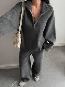 Livesso 女士宽松商务休闲针织毛衣和直筒裤两件套，秋冬 - 灰色 - 查看 4