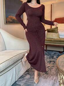 DAZY Set elegant de 2 piese pentru femei, cu tricou și fustă asimetrice cu paiete, toamnă - Violet - Vizualizare 5