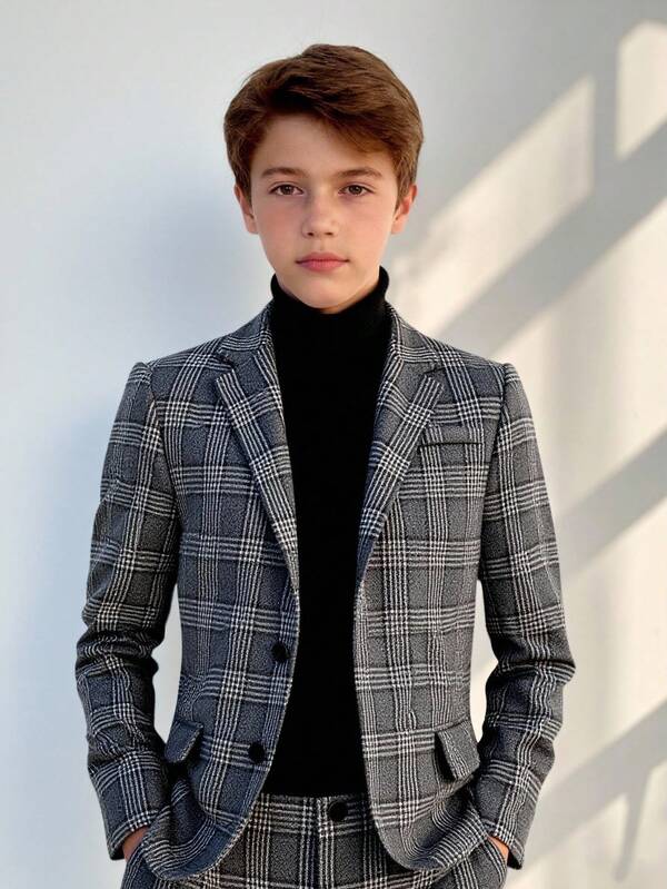 SHEIN 2pcs/Set Teen Boy Gentleman Outfit - Gray Patterned Wool-Blend Slim Fit Single-Breasted Blazer + Gray Patterned Wool-Blend Dress Pants. Elegant, Casual Outdoor Formal Suit Suitable For Birthday Party, Gala, Performance, Hosting, Wedding Season (Birthday, Wedding, Wedding Guest, Pageboy, Ring Boy)