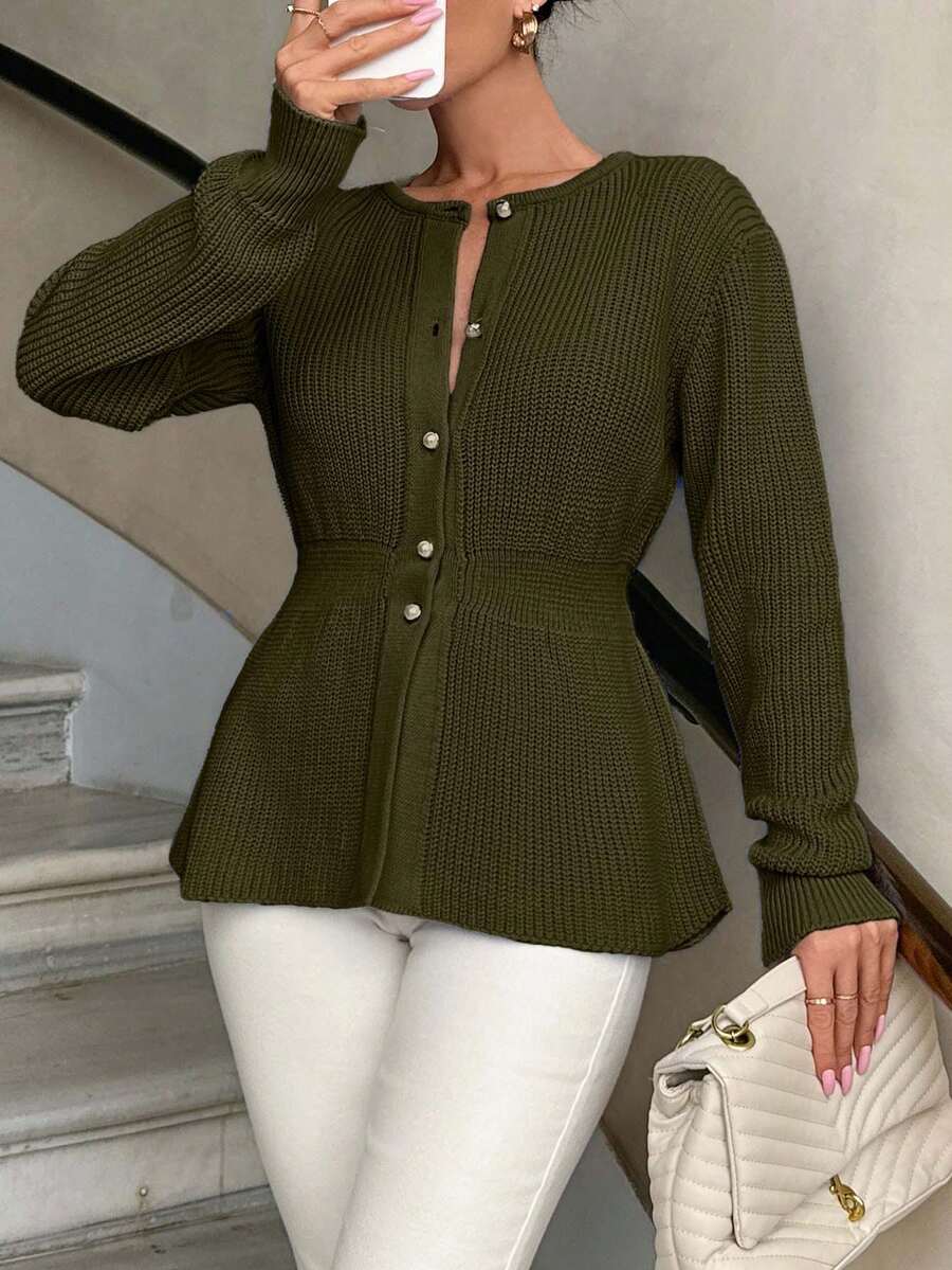 EURMUSE Knitwear Peplum Hem Cardigan With Fancy Buttons - Army Green - View 1