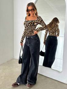 Siren Gaze 女士方领豹纹长袖紧身衣 - 彩色 - 查看 6