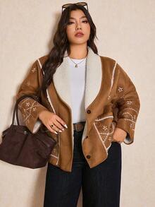 Elaquor Plus Size Women Floral Embroidered Long Sleeve Casual Thermal Lined Jacket, Autumn/Winter Fall/Winter - Camel - View 4