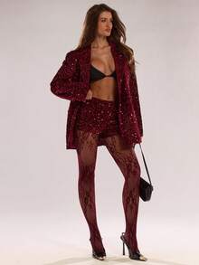 SHEIN BAE Quần short skinny đính sequin màu trơn dành cho nữ, sequin, màu đỏ, thanh lịch, thích hợp cho tiệc tùng, mùa thu đông, ngày lễ tình nhân dành cho nữ. - Màu Đỏ Sâu - Xem 4