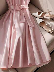 Franclia Đầm midi hở eo đính nút ngọc trai thanh lịch giản dị, viền bèo nhún phía trước, mùa hè mới, màu mơ - Bụi hồng - Xem 5