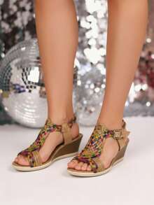 Sandalia femenina de cuña – estilo vintage, trenzado artesanal y confort para primavera/verano - Marrón - Ver 3