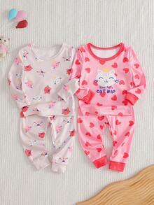 2pcs Baby Girl Snug Fit Ribbed Knit Long Sleeve Romper & Pants Set With Cute Animal Head & Heart Patterns - Multicolor - View 9