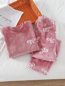 Genkimix Kids Girls' White Bow Decor Pink Long Sleeve Top & Butterfly Print Plush Pants Pajama Set Soft Pajamas Set Girls Lounge Set Tween Lounge Set Sweat Sets Tweens Comfy - Pink - View 7