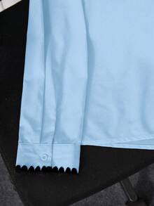 SHEIN LUNE 大码女式碎花长袖单排扣休闲宽松衬衫 - 藍色 - 查看 3