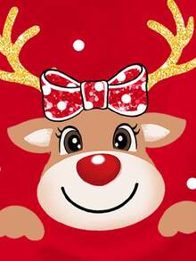 SHEIN Frohe Weihnachten, lässiger, minimalistischer Weihnachtspullover für Kleine Mädchen, süßer, lustiger Cartoon mit Rudolph, dem rotnasigen Rentier und gepunktetem Schneeflockenmuster, rot, festlich, lockere Passform, gemütlicher Rundhalsausschnitt, langärmeliges Strick-Sweatshirt, geeignet für Herbst/Winter, Weihnachtspullover für Kinder, Rentierpullover, roter Weihnachtspullover, Kleine Mädchen, Weihnachts-Sweatshirt, Pullover für Kinder, Kleine Mädchen