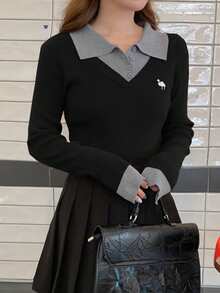 DAZY Patchwork Contrast Color 2 In 1 Embroidered Pattern Long Sleeve Women Sweater - Black - View 4