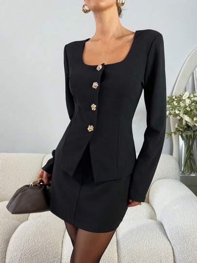 Lavishia 1 Set Women's Black Round Neck Long Sleeve Rose Button Blouse + Skirt, Fashionable Influencer Style For Commuting Suit Dress Blazer Dress For Women Long Sleeve Elegant Dress Button Dress Tuxedo Dress Women  Winter Clothes For Women Formal Dresses For Women