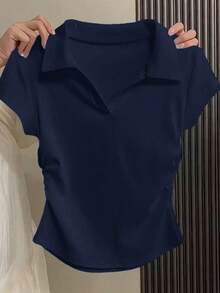 SHEIN Essnce 女款 V 领短袖 T 恤，夏季插肩袖修身休闲 Polo 衫 - 藏蓝色 - 查看 6