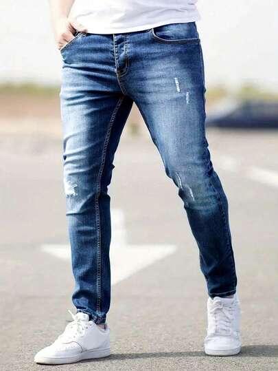 Manfinity Homme Men's Slim Fit Thermal Lined Jeans, Frayed Jeans Plain Dark Blue Slim Fit Long Ripped Cargo Jeans, For Husband, Boyfriend Gifts Going Out Hang Out Commute Work Street, Fall/Winter