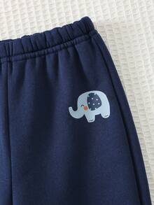 Cozy Pixies 2pcs Baby Boy Cartoon Elephant Pattern Contrast Color Hooded Sweatshirt And Elastic Waist Pants Thickened Fleece Outfit Set - Baby Blue - View 6