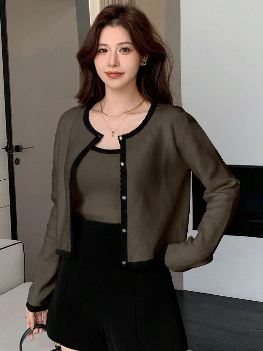 DAZY Bộ 2 áo len cardigan không tay màu tương phản thanh lịch dành cho nữ, mùa thu - Cà phê nâu - Xem 1