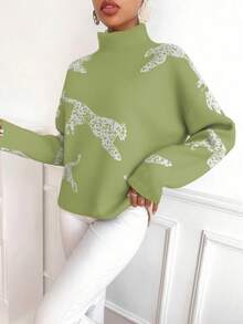 SHEIN Clasi Women's Leopard Pattern Stand Collar Long Sleeve Casual Loose Sweater, Autumn/Winter - Green - View 6