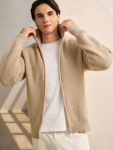 RONVEXI Men Solid Zip Up Drop Shoulder Cardigan Chunky Plain Khaki Urban Fashion Plain Drop Shoulder Cardigan, For Husband, Boyfriend Gifts, Fall/Winter - Apricot - View 4