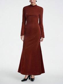 SHEIN LUNE Váy ôm sát tay dài cổ điển thanh lịch Gothic màu cà phê, cổ cao tay loe, vải bóng ánh kim, thích hợp cho những dịp trang trọng, Halloween, Giáng sinh, dự tiệc - Cà phê - Xem 4