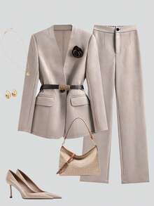 Franclia 女士优雅 V 领收腰长袖套装、直筒裤和西装外套，适合返校、教师服装、专业工作服 - 卡其色 - 查看 1