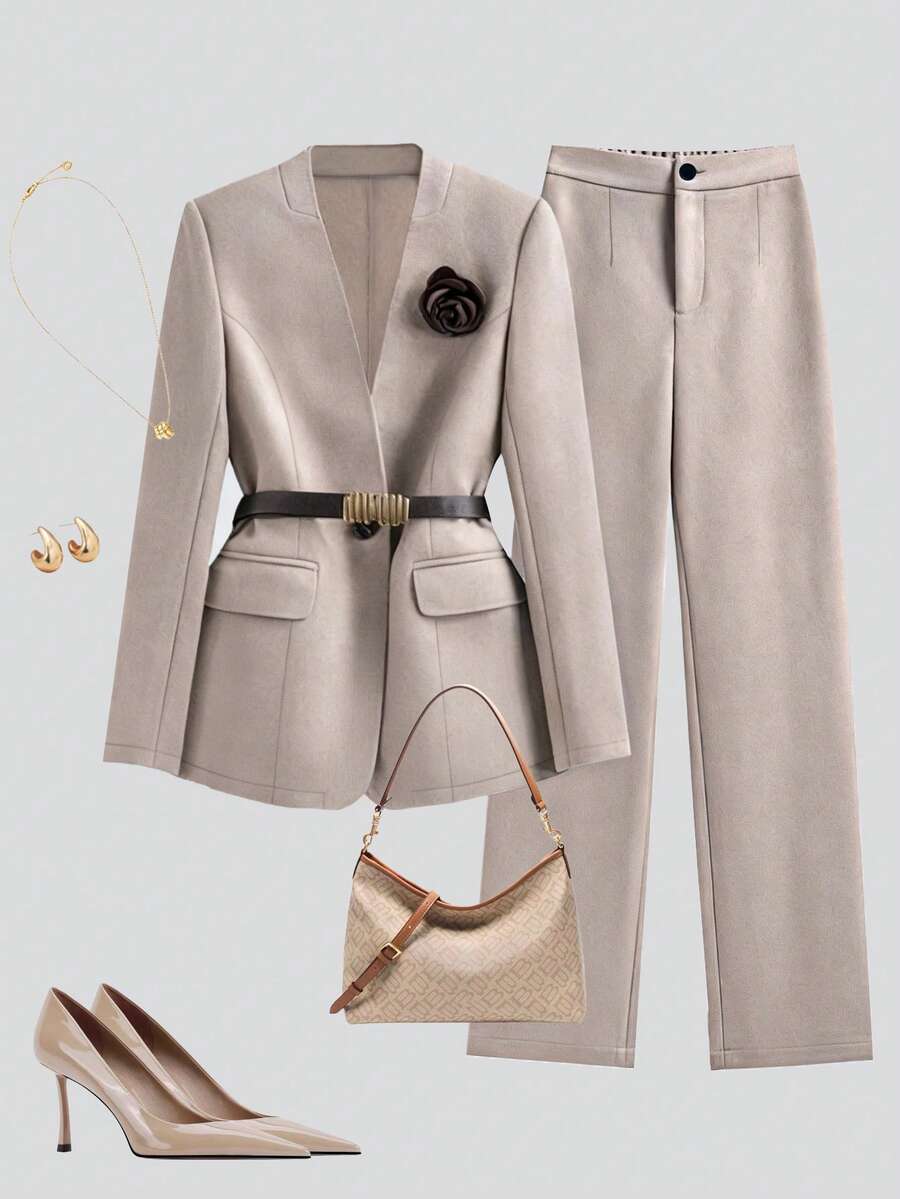 Franclia 女士优雅 V 领收腰长袖套装、直筒裤和西装外套，适合返校、教师服装、专业工作服 - 卡其色 - 查看 1