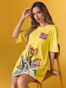 TOM & JERRY X SHEIN Women's Casual Cute Cartoon Pattern Round Neck Short Sleeve Nightgown, Summer, Moo Moo Night Dress