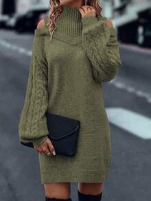 EMERY ROSE Casual Solid Color Off-Shoulder Stand Collar Knit Dress, Autumn/Winter - Army Green - View 3
