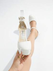 Zapatos de mujer con plataforma alta, punta redonda, correa fina con adorno, tacón grueso elegante, para fiestas y bodas, zapatos formales - Blanco - Ver 2