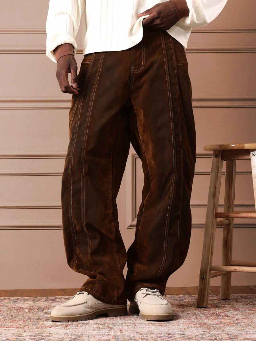 SUMWON 滑板风棕色牛仔裤，撞色缝线，阔腿休闲街头风纯色款 - 鏽棕色 - 查看 1