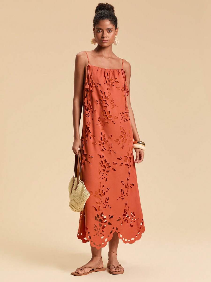 Travachic 女士纯色梭织连衣裙,度假花卉贴花连衣裙,圣诞节服装,新年服装,感恩节服装,时尚优雅派对连衣裙,奢华婚礼宾客派对连衣裙,时尚沙滩装,女士夏季服装,派对连衣裙,沙滩装,女士优雅夏季婚礼宾客连衣裙,橙色镂空吊带连衣裙 - 橘色 - 查看 1