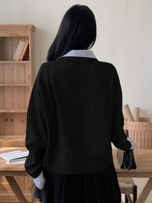 DAZY V领二合一衬衫领套头衫，宽松复古休闲风，灰色，秋冬 - 黑色 - 查看 2