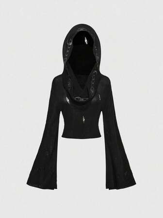 Gothic Boho Style Embroidered Hooded Cropped Flare Sleeve Women Knit Sweater