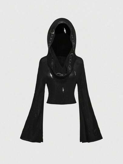 Gothic Boho Style Embroidered Hooded Cropped Flare Sleeve Women Knit Sweater