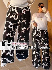 SHEIN Tall CURVE 大码秋冬万圣节圣诞节新年感恩节通勤度假Y2K可爱街头风科技生日机场派对婚礼全印花休闲百搭阔腿牛仔裤时尚女士奶牛纹牛仔裤高腰阔腿长裤，打造大胆时尚造型