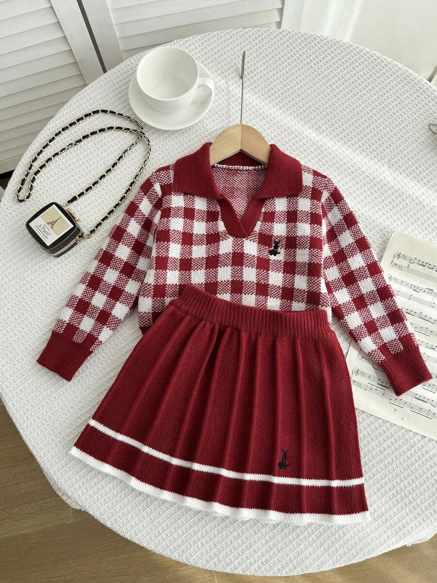 Souflis Souflis 少女格子长袖毛衣和百褶针织裙休闲套装，秋冬 - 酒紅色 - 查看 1