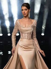 Glamrae Elegant Champagne Satin With Gorgeous Beads And Sequins, See-Through Long Sleeves, Luxurious 3D Handmade Bead Appliqués At The Neckline, Fishbone Patch At The Waist For A See-Through Effect, Fishtail-Shaped Side Slits, And An Oversized Back Train. Suitable For All Formal Occasions: Weddings, Bachelorette Parties, Business Dinners, Dates, Vacations, And Women's Evening Dresses. - Champagne - View 7