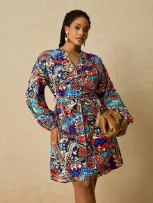 SHEIN VCAY Plus Size Women African Geometric Print Shirt Dress, Tie Waist Short Dress