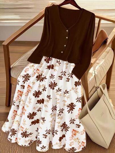 Regalyn Plus Size Women's Autumn/Winter Outfit Set, Includes Burgundy Long Sleeve Top, Button-Front Jacket, And Ditsy Floral Skirt, Casual Elegant Retro Romantic Style For Work Or Vacation