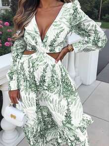 Silhoulove 女士时尚休闲浪漫度假花卉印花性感V领连衣裙 - 綠色 - 查看 2