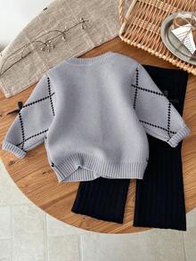 SHEIN LMoss Kids LMoss Baby Girl Baby Girl Cute Pink Bowknot Knitted Cardigan With Elastic Waist Black Pants Sweater Set, Autumn/Winter - Light Grey - View 9