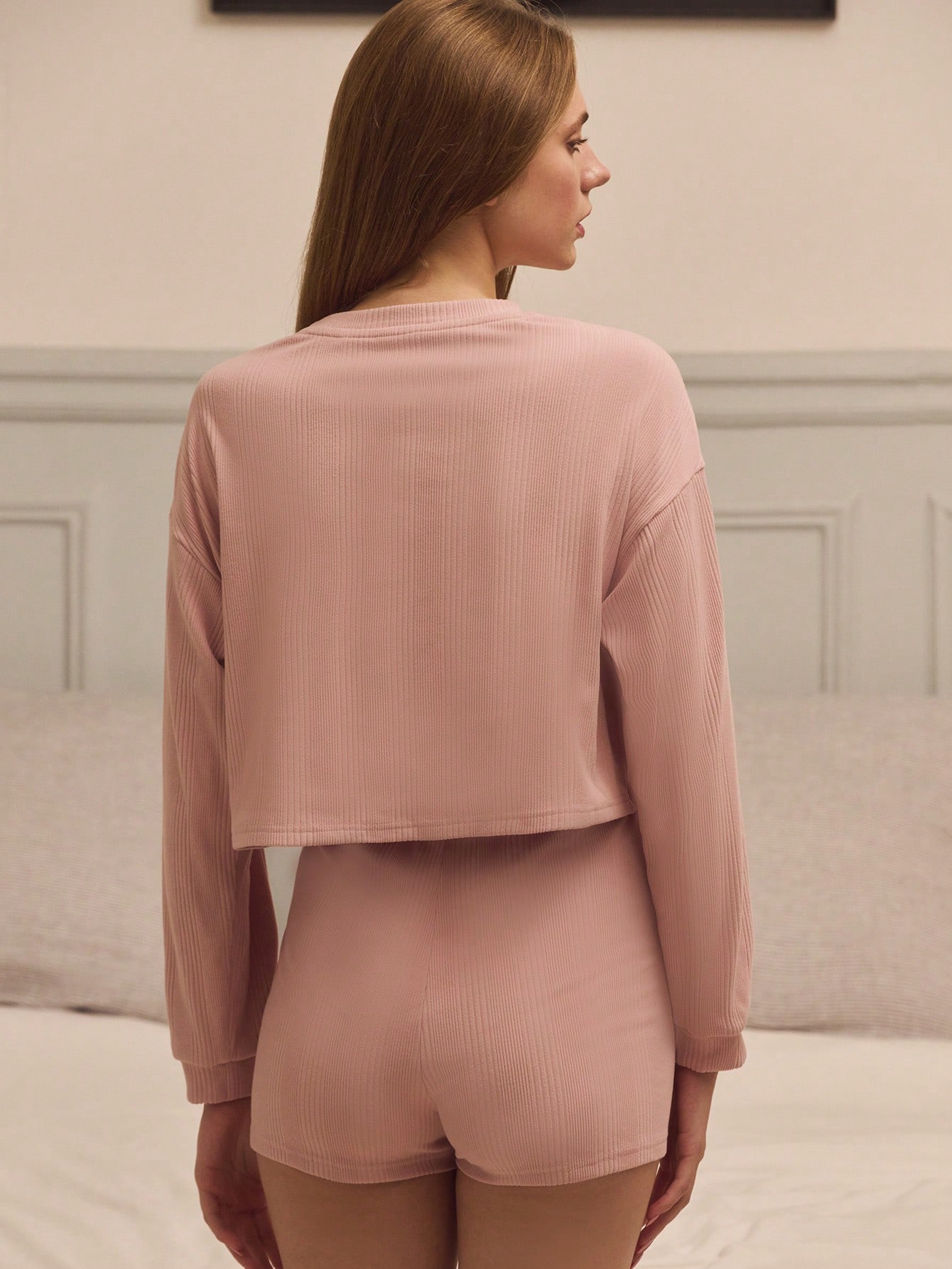Cosy Pink Rib Loungewear Set With Long Sleeve Top And Button Front Shorts Warm Spring Summer