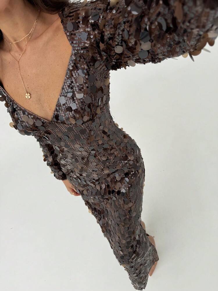 Aloruh Women's Christmas & Halloween Heart Neck Sequin Maxi Dress, Party Wear,Party Dresses For Women,Dresses For Women Elegant,New Year Dress ,Elegant Party Dresses - Brown - View 3