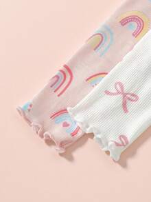 SHEIN 4 件套女婴可爱猫咪图案荷叶边圆领长袖睡衣套装，柔软舒适 - 彩色 - 查看 4