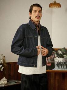 RivetRise 男士休闲单排扣口袋牛仔夹克，秋季 - 深色水洗藍 - 查看 3