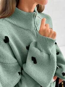 SHEIN Tall Suéter casual feminino alto com estampa de coração e zíper, outono e inverno - Menta verde - Ver 4